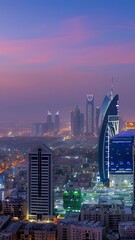 aerial cityscape at dusk tall buildings and lights illuminating the streets below in riyadh city