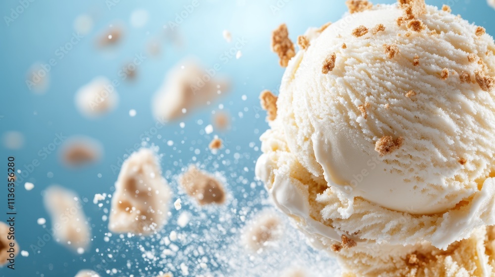 Poster a close-up image of a vanilla ice cream scoop with crumbs dynamically scattered in the air, creating