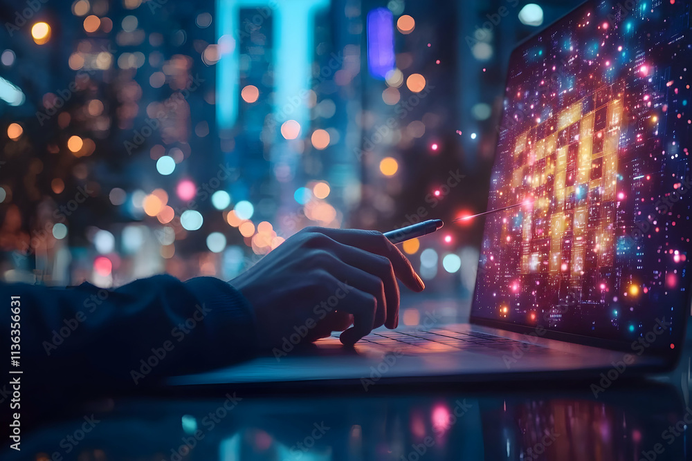 Poster person using laptop with digital data visualization on screen at night.