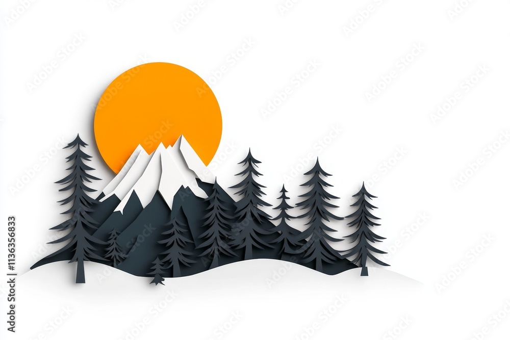 Poster a minimalist illustration of a mountain silhouette with a rising sun, symbolizing growth and transfo