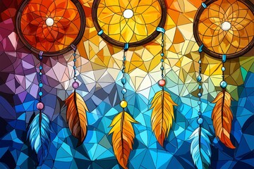 Colorful Dreamcatchers with Feathers on Geometric Background