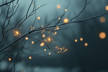 A dreamy winter scene with twinkling fairy lights wrapped around barren branches, set against a misty forest backdrop, emanating magic and tranquility.