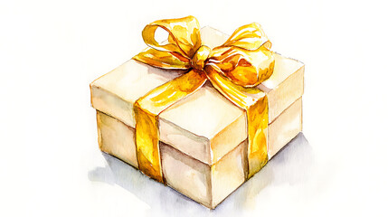 Obraz premium Watercolor Gift Box with Gold Ribbon