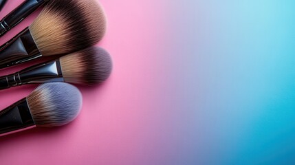 An aesthetic display of diverse makeup brushes placed on a pink to blue gradient background, emphasizing creativity and artistic expression.