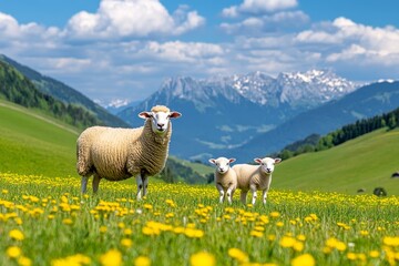Naklejka premium A mother ewe nursing her lamb while a cow grazes nearby, surrounded by wildflowers in a tranquil meadow