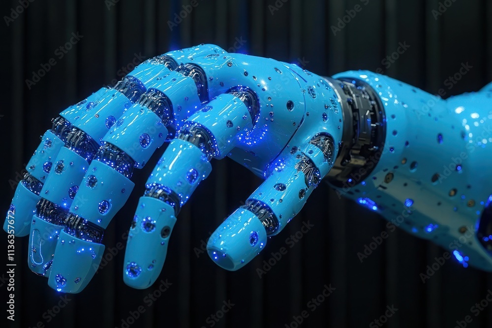 Poster detailed view of a robotic arm with illuminated blue circuits and precise joints showcasing advanced