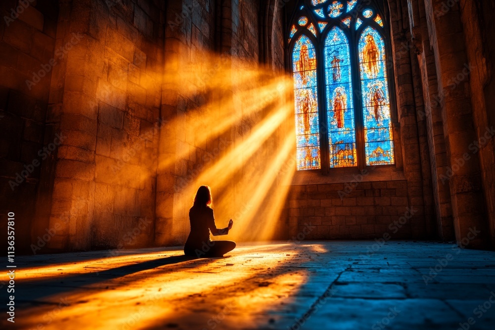 Aufkleber a mysterious scene of a woman practicing tai chi in an abandoned gothic cathedral, with soft light s