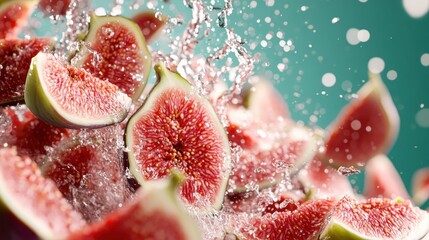 Succulent fig halves are surrounded by water droplets, capturing a sense of freshness and vitality, focusing on texture and the natural beauty of the fruit.