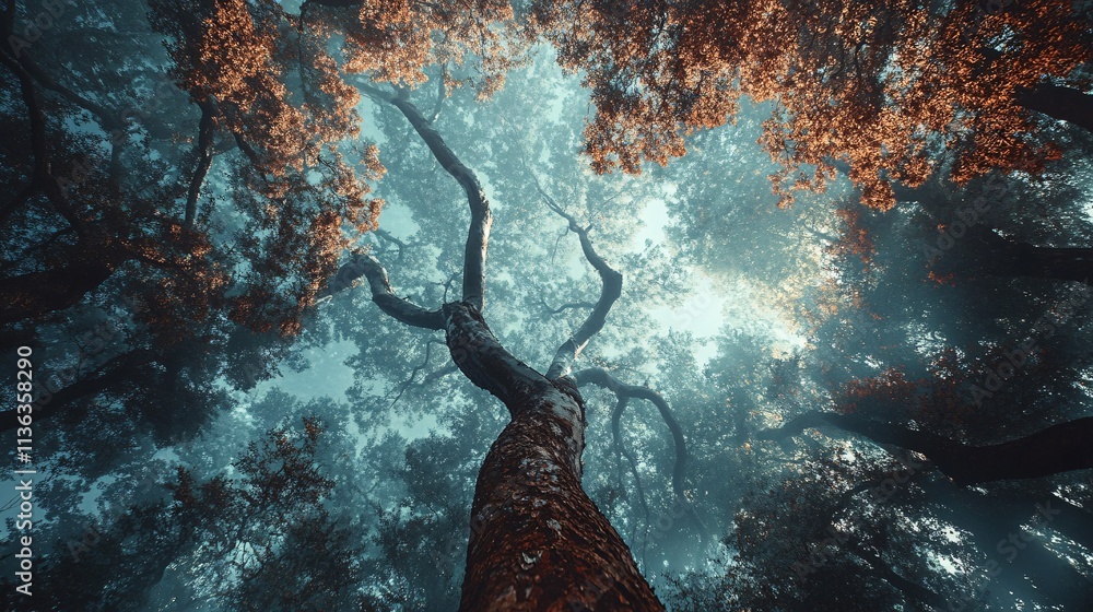 Poster sunlight filtering through foggy autumn forest canopy with large tree trunk