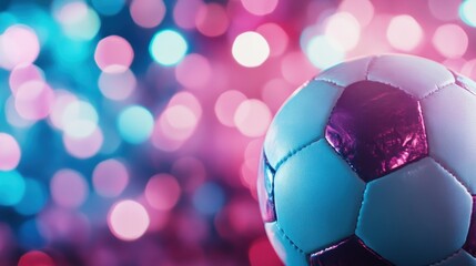 Naklejka premium A close-up of a soccer ball with a shiny surface, against a blurred bokeh background in shades of pink and blue, creating an energetic and playful scene.