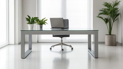 Sleek and Minimal Office Space with Glass Desk and Potted Plants