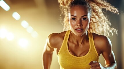 A focused athletic woman wearing bright yellow workout gear runs determinedly, showcasing strength, endurance, and motivation in a glossy fitness environment.