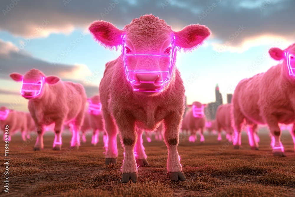 Poster a neon-lit cyberpunk farm where robotic systems manage cattle and ewes, with glowing collars trackin