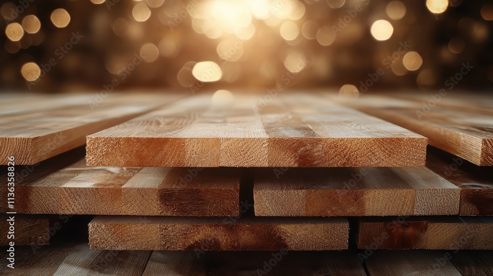 Poster Image showing neatly stacked wood planks with a golden ambient light in the background, creating a warm and inviting atmosphere, emphasizing wood texture.