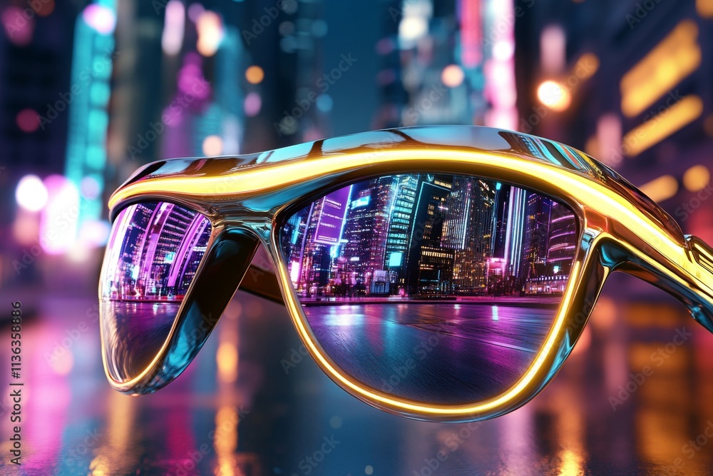 Poster a neon-lit cyberpunk vision of eyeglasses with glowing frames, displaying holographic data in a bust