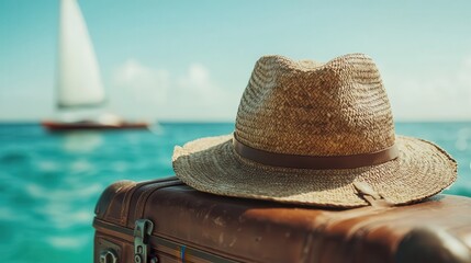 Stunning seascape features a straw hat positioned on a suitcase, with a sailing boat in the distance, capturing the essence of a peaceful escape.