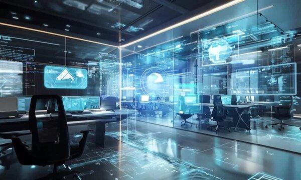 A futuristic office space with digital interfaces and technology-driven design.