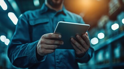 A worker uses a tablet in an industrial warehouse environment, illustrating modern technology's role in enhancing efficiency and productivity in contemporary industries.