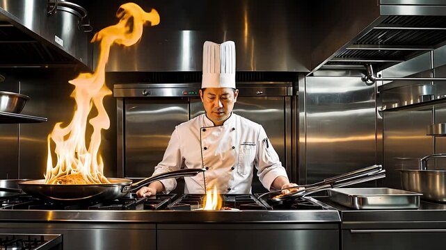 Professional Chef Cooking with Flames in Modern Stainless Steel Kitchen Restaurant

