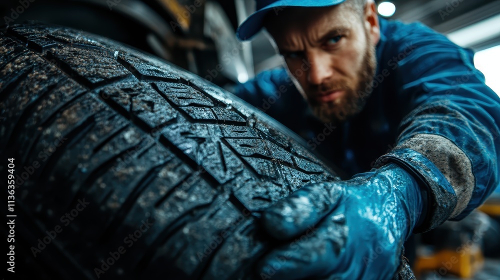 Poster focused mechanic carefully adjusting a tire, demonstrating precision and skill required in the autom