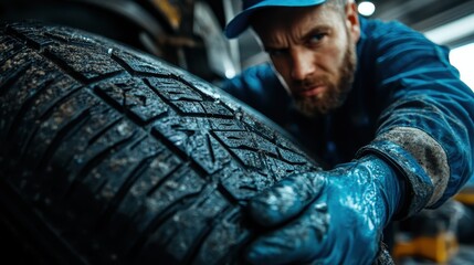 Focused mechanic carefully adjusting a tire, demonstrating precision and skill required in the automotive industry, emphasizing concentration and dedication.