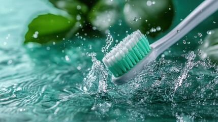 The image showcases a toothbrush dynamically interacting with splashing water, surrounded by lush greenery, emphasizing cleanliness and an eco-friendly lifestyle theme.