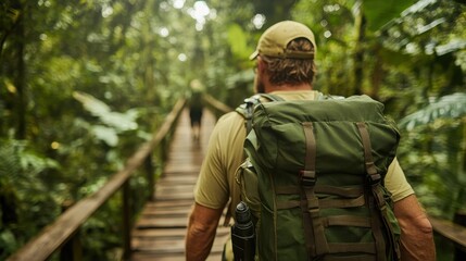 Obraz premium A backpacker traverses a wooden bridge amid dense green jungle, highlighting adventure, exploration, and the natural beauty of a tropical forest environment.