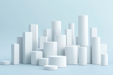 Fototapeta premium A minimalist arrangement of cylindrical shapes in varying heights and sizes, set against a soft pastel background.