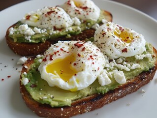 Two slices of toast topped with avocado, poached eggs, and feta cheese.