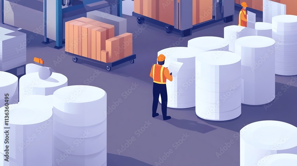 Poster automated printing production line with rolls of paper and worker preparing materials