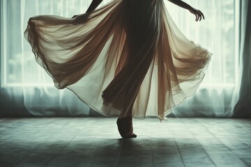 A graceful dancer moves elegantly, her flowing dress silhouetted against soft, diffused light, embodying grace and poise.