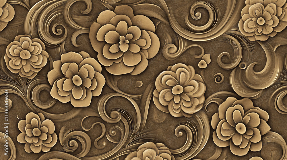Poster decorative floral design with intricate swirls and muted tones in a textured pattern