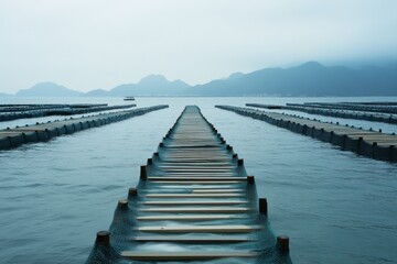 Fototapeta premium A tranquil pier stretches across calm waters, leading towards distant, misty mountains under a soft, overcast sky.