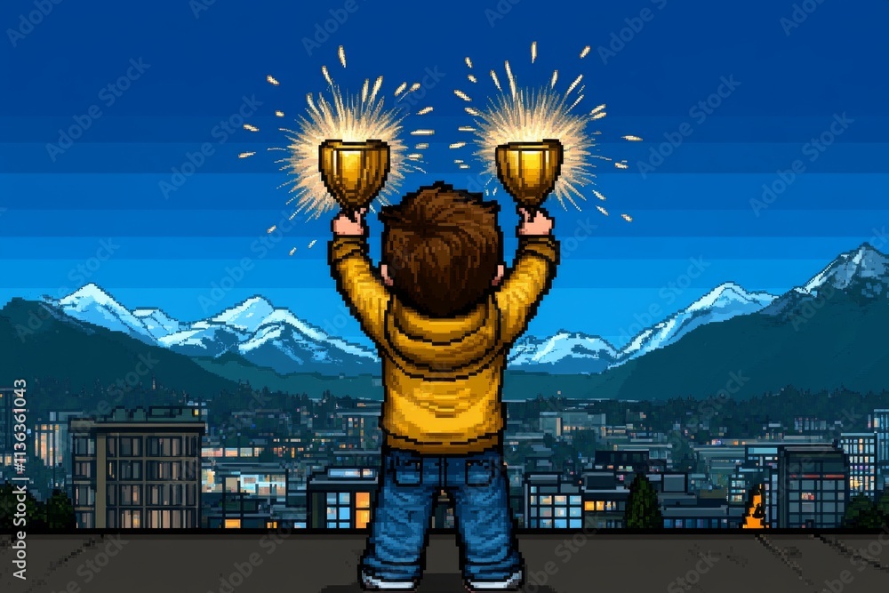 Poster a pixel art scene of a video game-style victory, with a character holding a golden trophy while fire