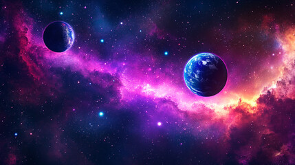 Vibrant cosmic landscape featuring planets and colorful nebulae in deep space