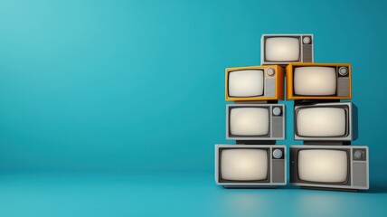 A stack of vintage televisions in various colors against a teal background, creating a nostalgic and retro aesthetic.