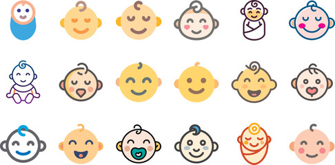 Naklejka premium Various facial expressions of the baby vector icon set. Editable line stroke. Flat simple design