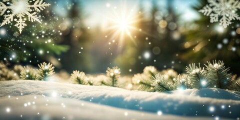 Abstract New Year background with fir branches, cones, snow against a blurred background of forest
