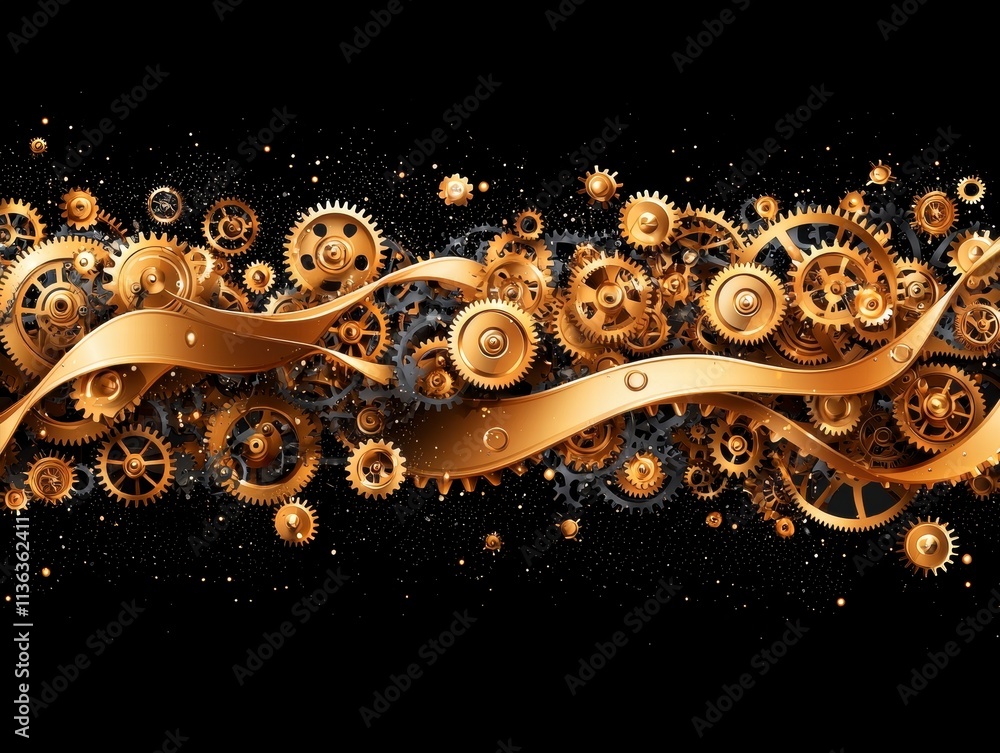 Poster golden gears and cogs mechanism abstract background.