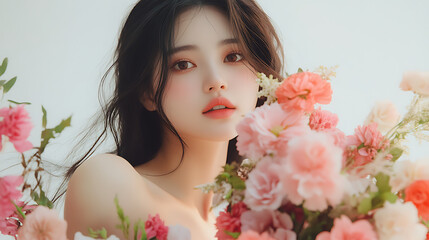 Beautiful Woman with Pink Flowers