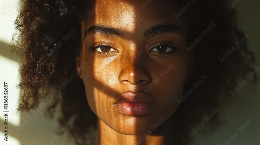 Poster a woman's face is partially illuminated with an intricate shadow pattern, capturing a thoughtful and