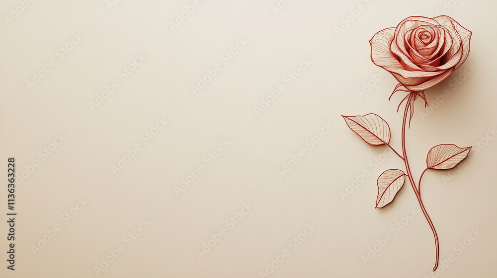 Poster thin red line drawing of a rose, centered on a light beige background, creating an elegant and simpl