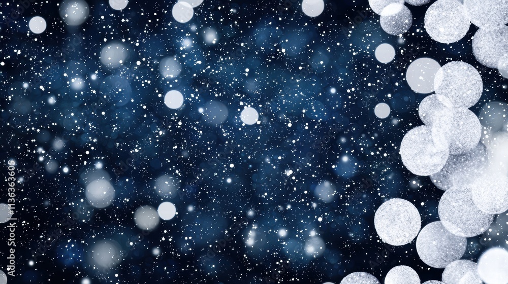 Poster sparkling snowflakes and bokeh light effect on dark background