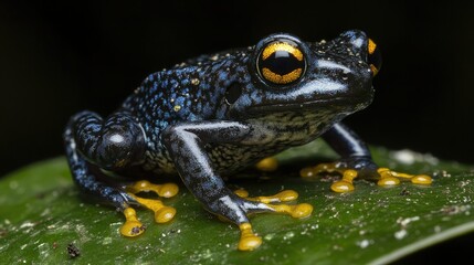 Obraz premium A close-up of a vibrant blue-back reed frog, Heterixalus madagascariensis, perched on a lush green leaf in Madagascar's tropical forest.