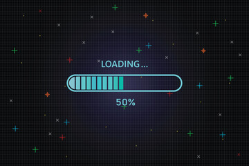 50% Progress Loading Bar on retro 8-bit pixel art background	