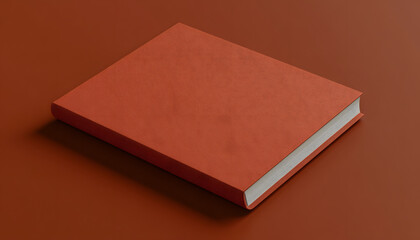 A closed orange hardcover book rests on a brown surface