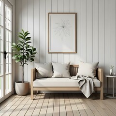 A cozy living room with a wooden bench, a potted plant, and framed artwork on the wall. The room has a rustic style with white wooden paneling and hardwood floors
