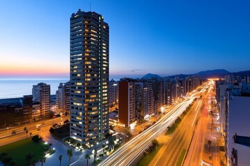 Fototapeta premium A vibrant cityscape at night, with a modern skyscraper highlighted as a beacon of excellence in urban development