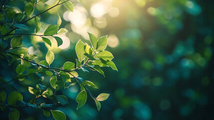 Sunlight filtering through green leaves on a tranquil morning in a forest