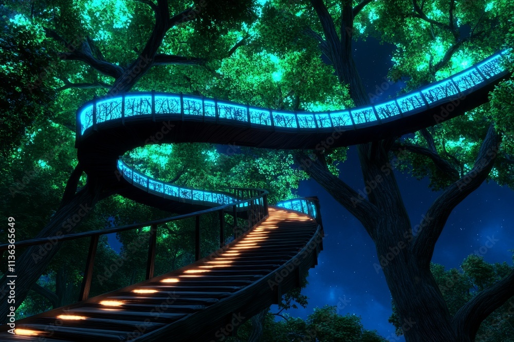 Poster A vibrant elven city built into towering trees, with bridges of light connecting the structures high above the forest floor